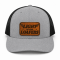 Light in the Loafers gray and black trucker hat with clean leather patch