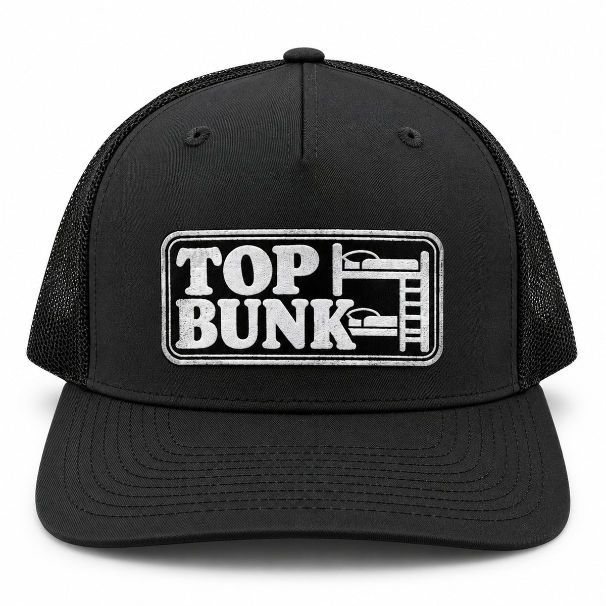 TOP BUNK black trucker hat – featured front image