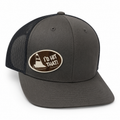 Charcoal gray and black mesh trucker hat with oval I’d Hit That traffic cone patch