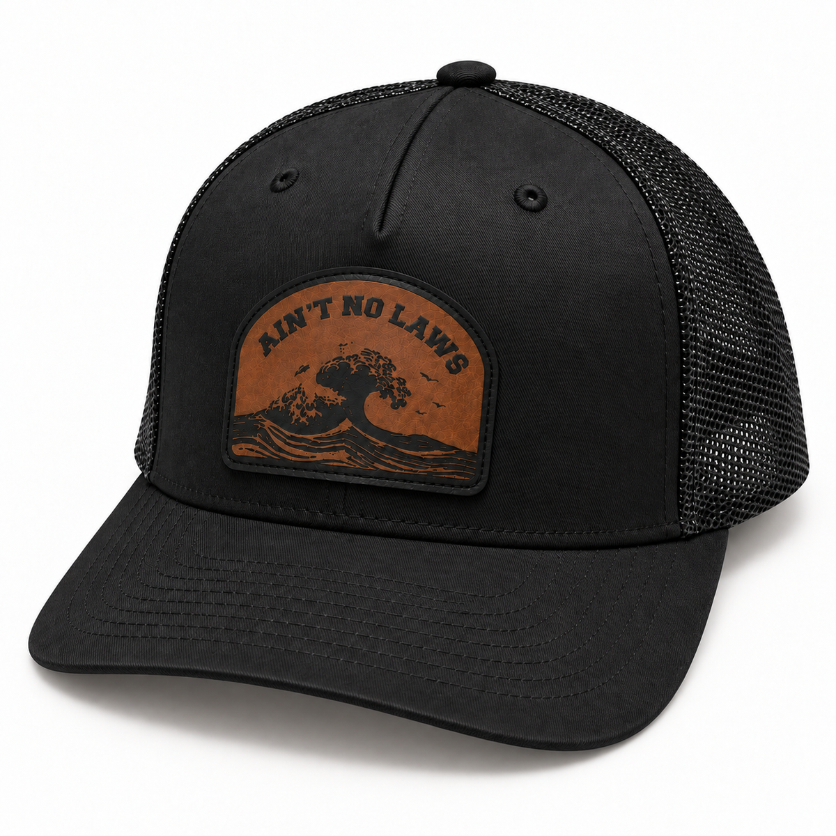 Ain’t No Laws black trucker hat, front three-quarter view
