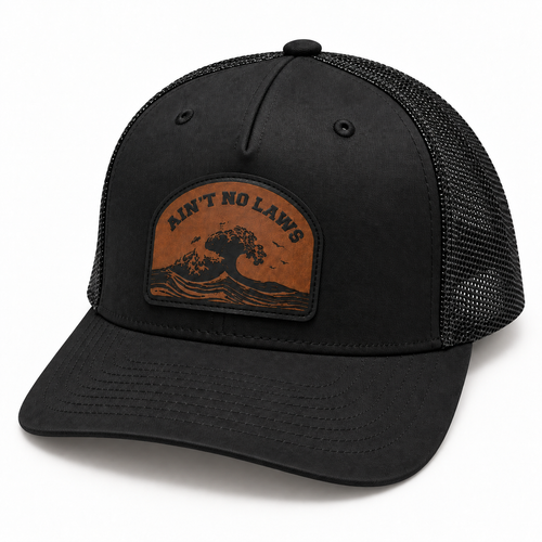 Ain’t No Laws black trucker hat, front three-quarter view
