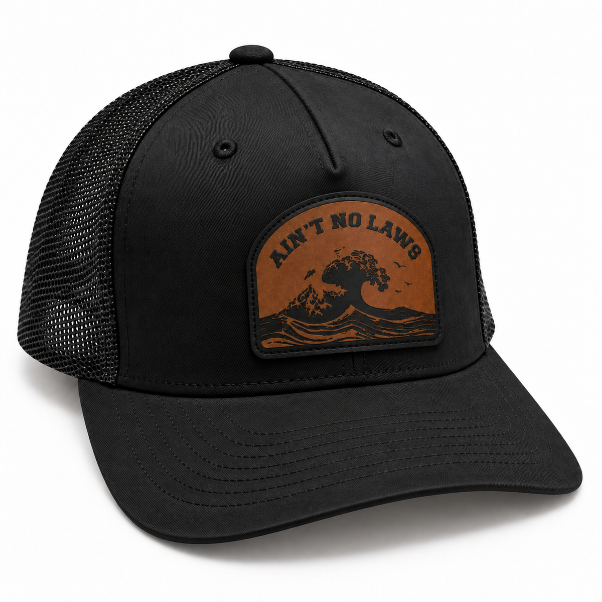 Ain’t No Laws black trucker hat, opposite three-quarter view