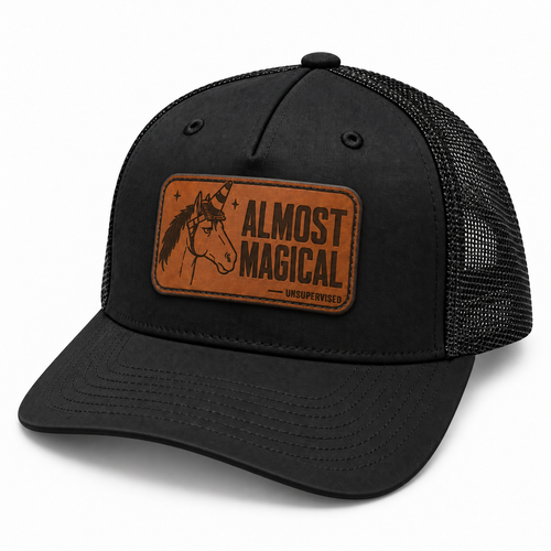 Almost Magical black trucker hat, front three-quarter