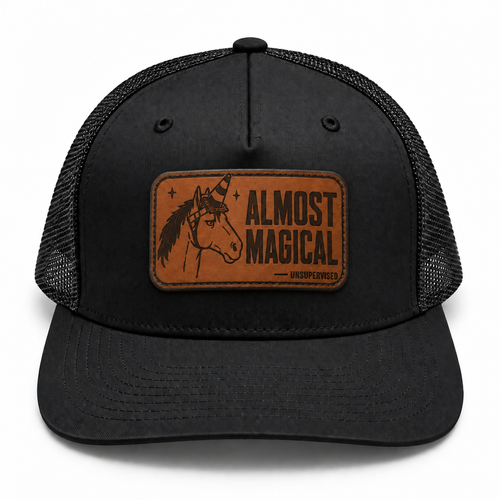 Almost Magical black trucker hat, front