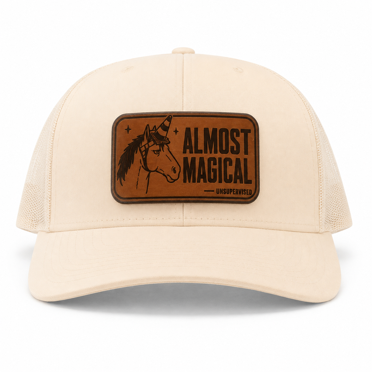 Cream trucker hat with Almost Magical leather patch
