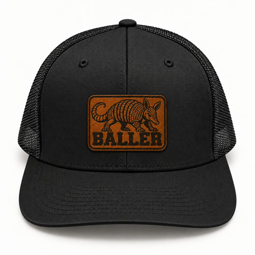 Armadillo Baller black trucker hat, front