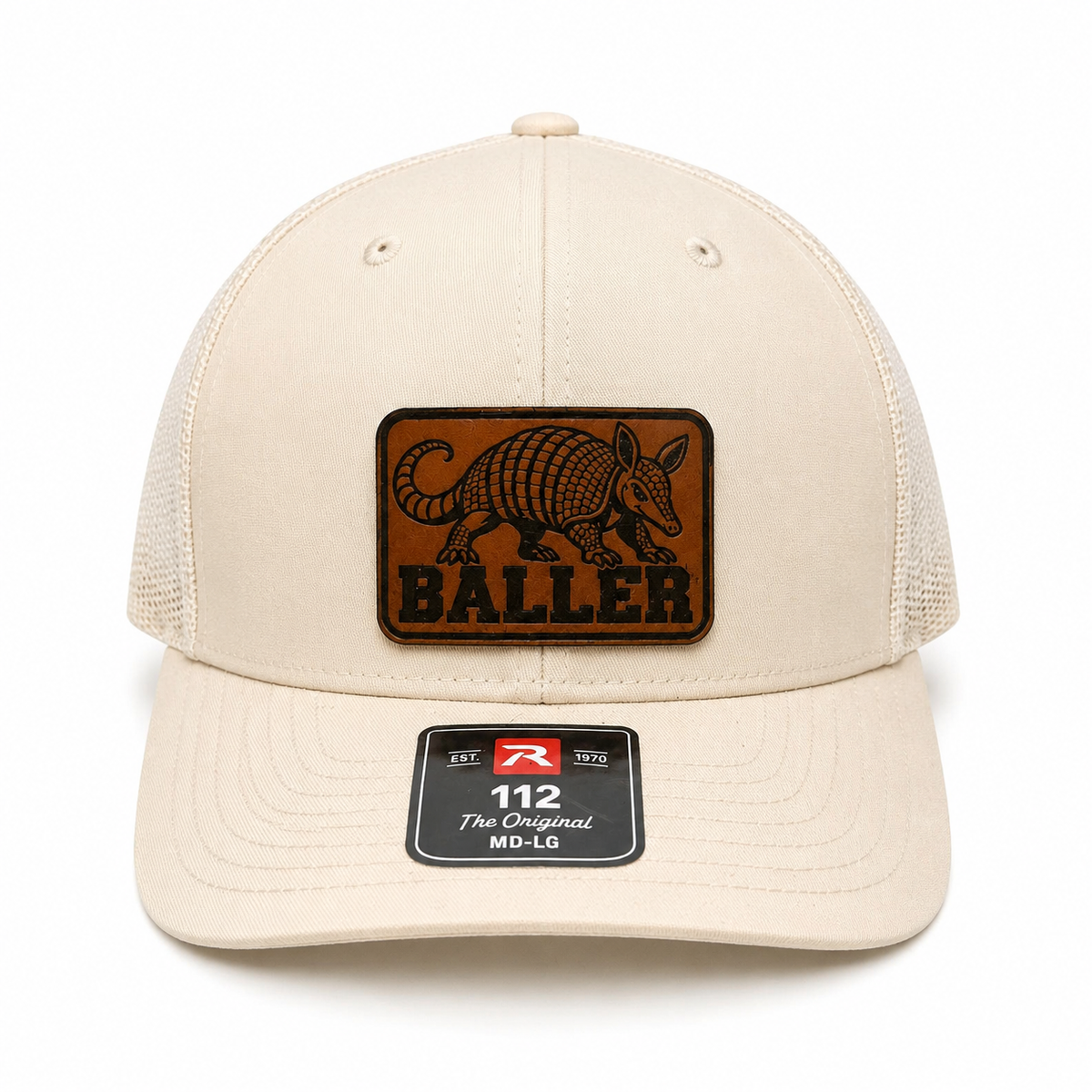 Cream Richardson 112 trucker hat with armadillo Baller leather patch