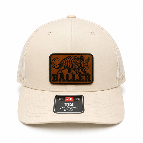 Cream Richardson 112 trucker hat with armadillo Baller leather patch