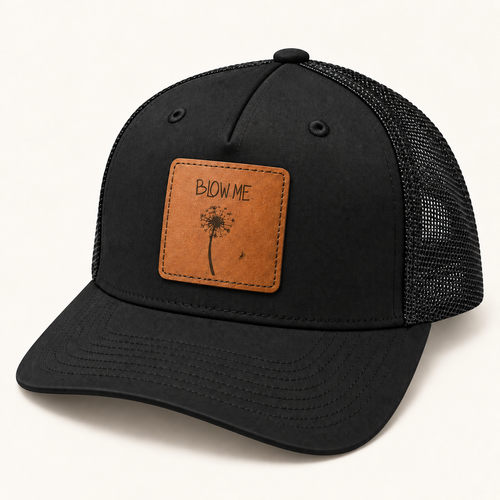 Blow Me Dandelion black trucker hat, three-quarter view