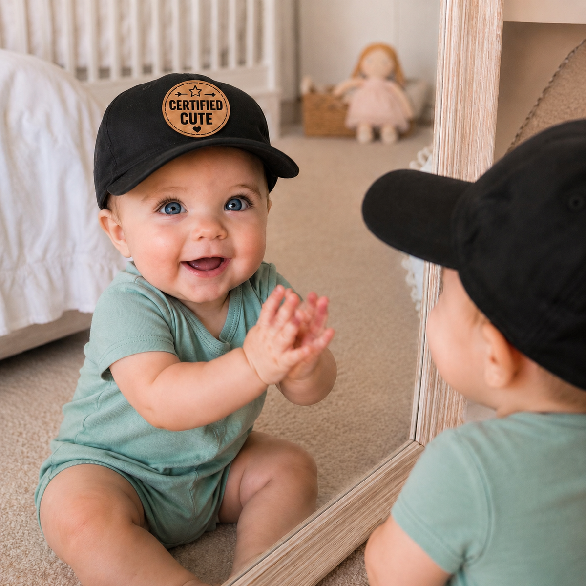 Baby wearing Certified Cute black hat by mirror