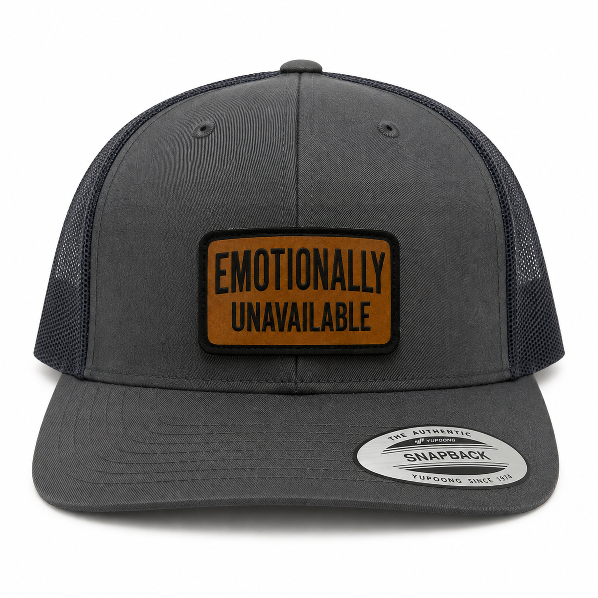 Emotionally Unavailable charcoal trucker hat