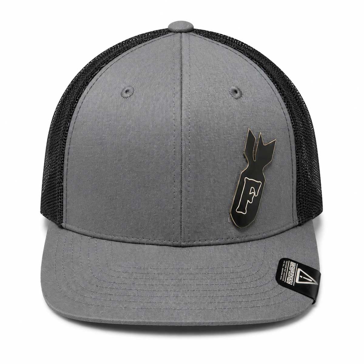 Charcoal and black mesh trucker hat with black F-Bomb patch