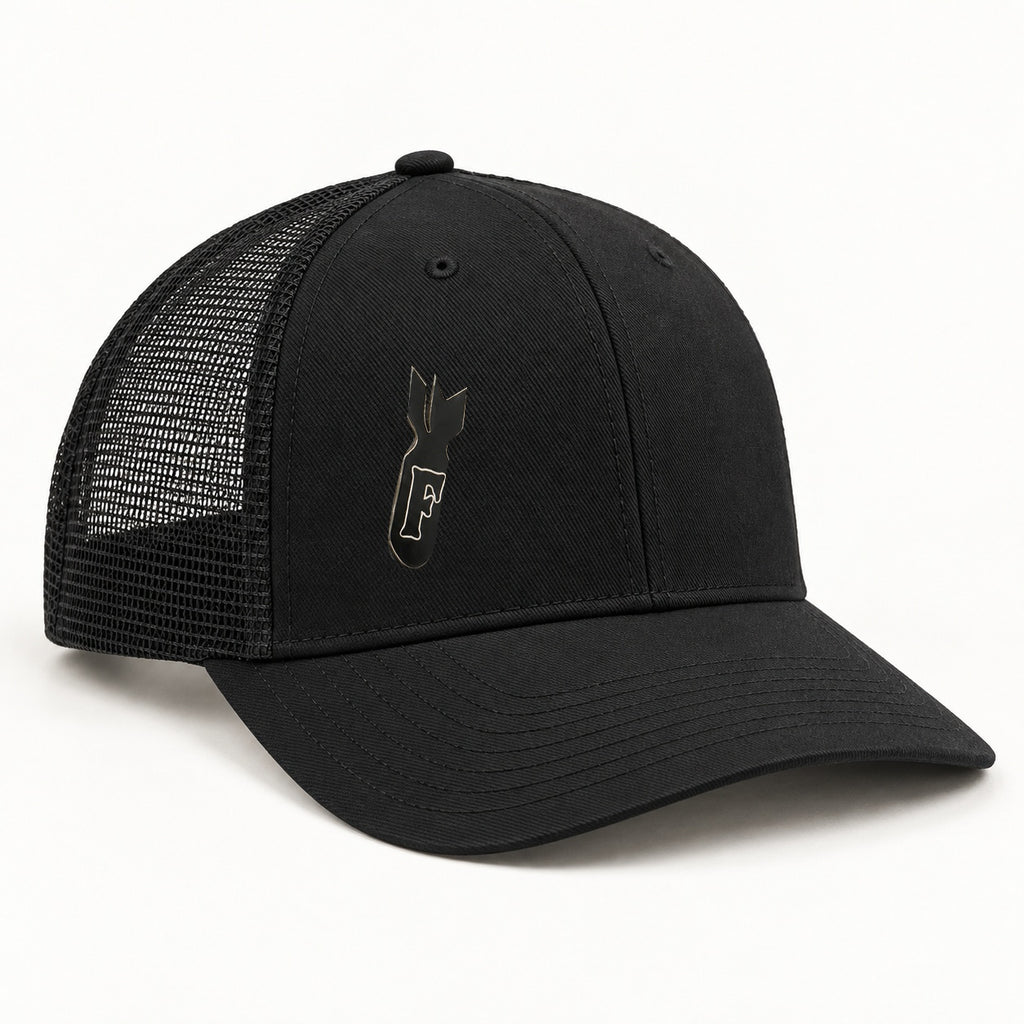 F-Bomb black trucker hat opposite three-quarter angle