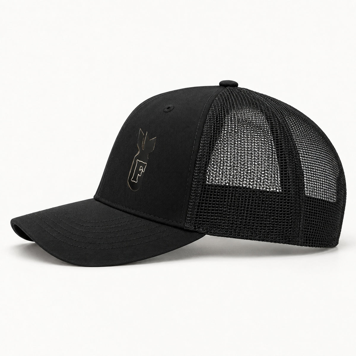F-Bomb black trucker hat side profile