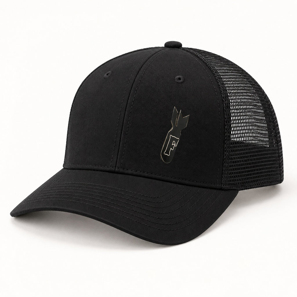 F-Bomb black trucker hat three-quarter angle