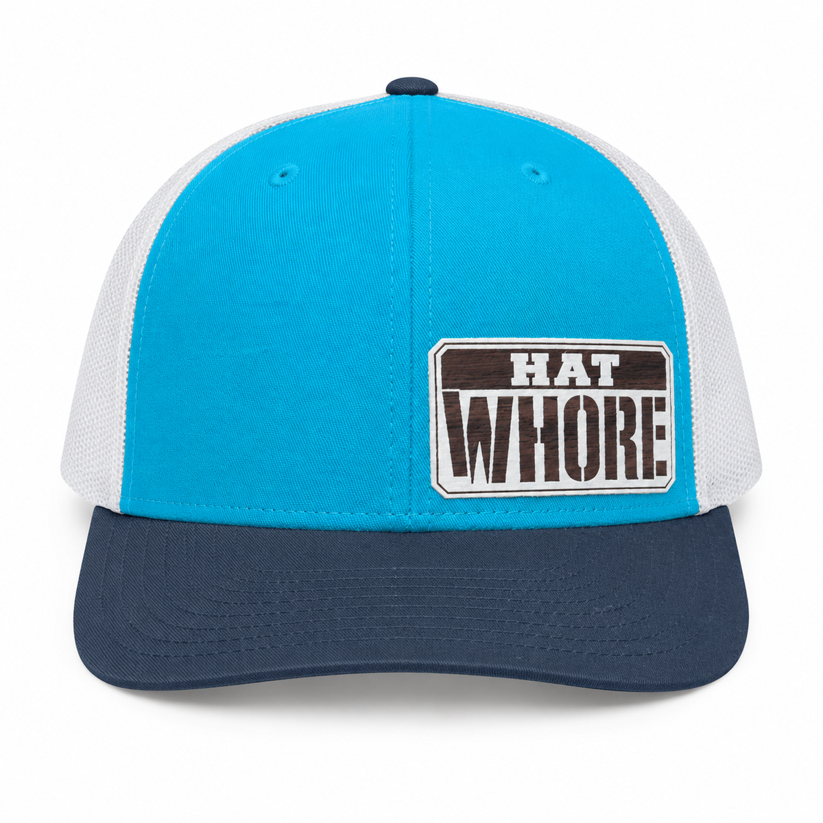 HAT WHORE turquoise, white, and navy Richardson 115 trucker hat