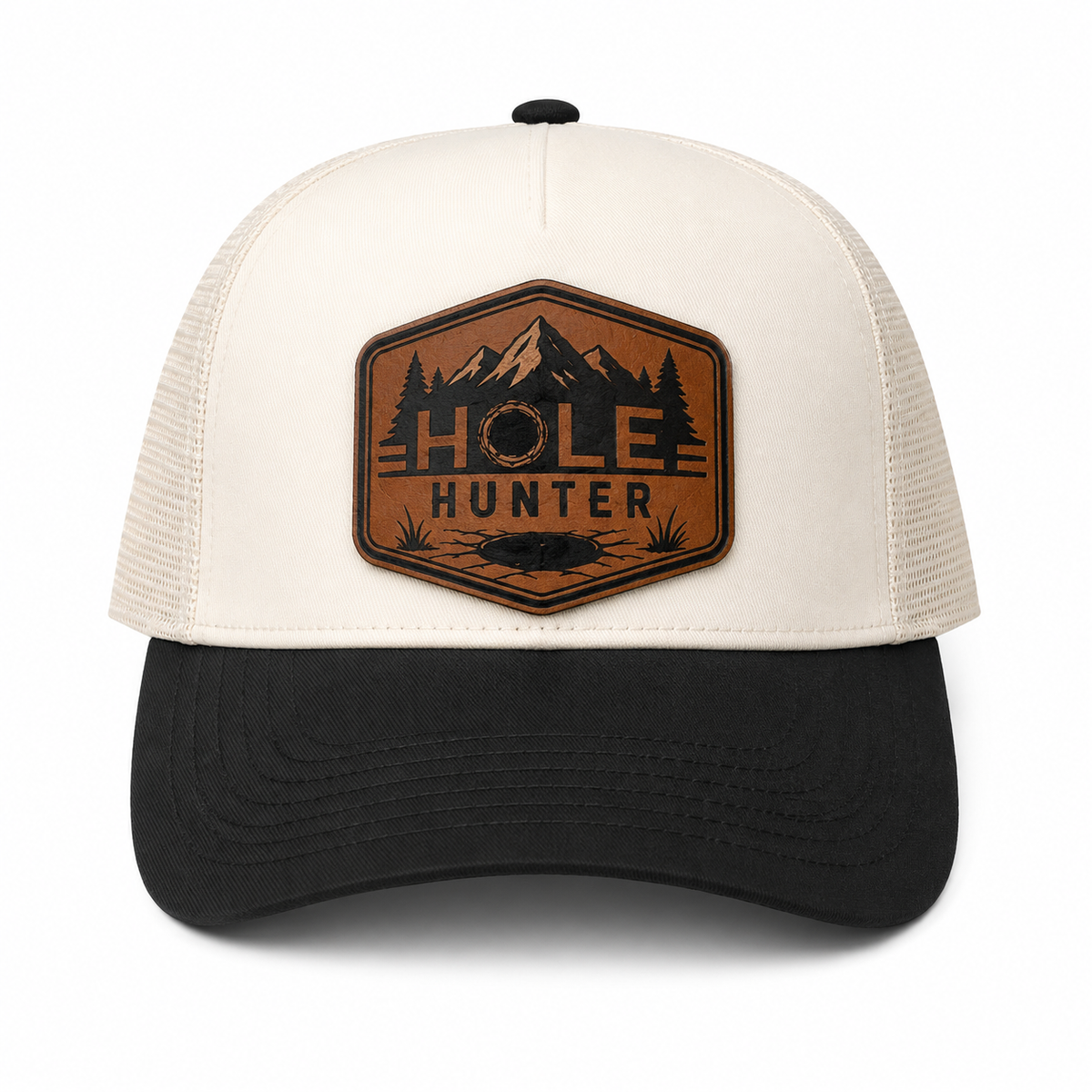 Hole Hunter two-tone trucker hat website-ready product photo
