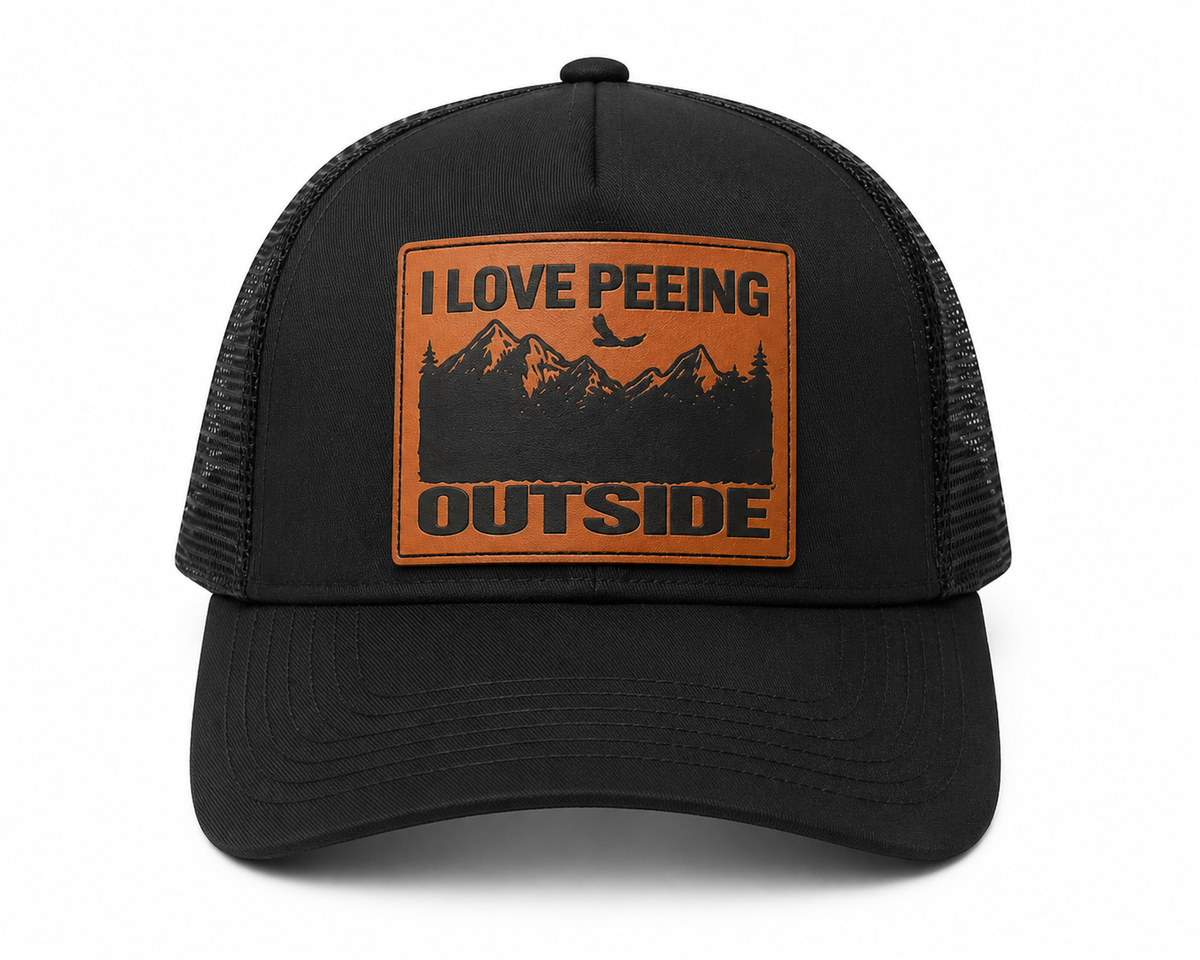 I Love Peeing Outside black trucker hat website-ready product photo
