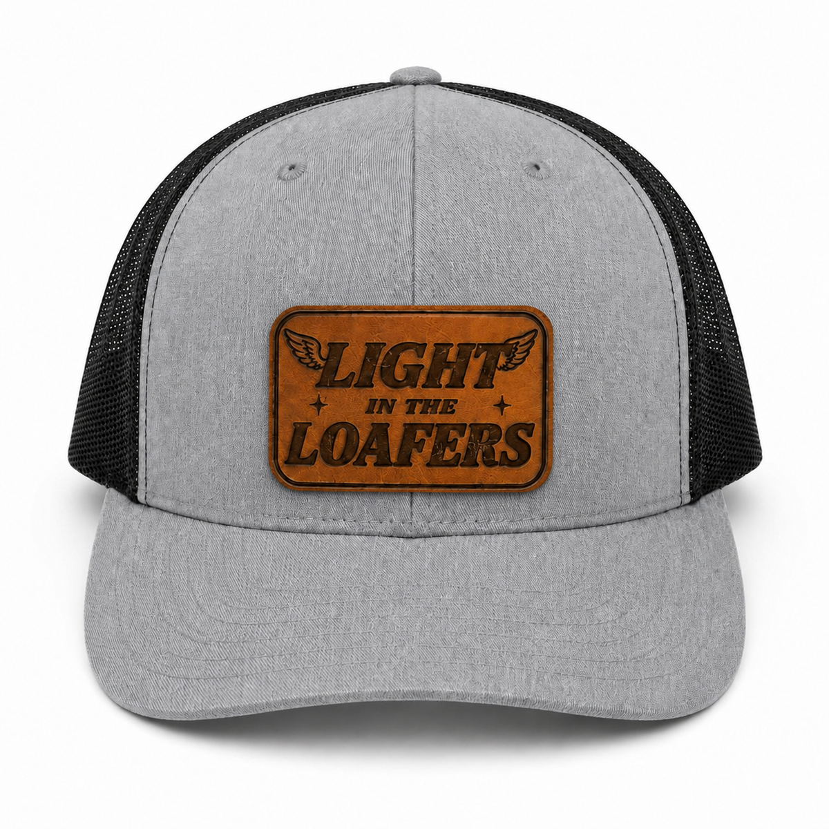 Light in the Loafers gray and black trucker hat with clean leather patch
