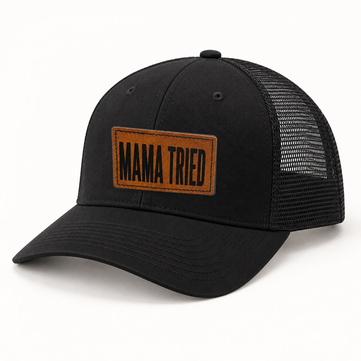 Mama Tried black trucker hat, three-quarter angle