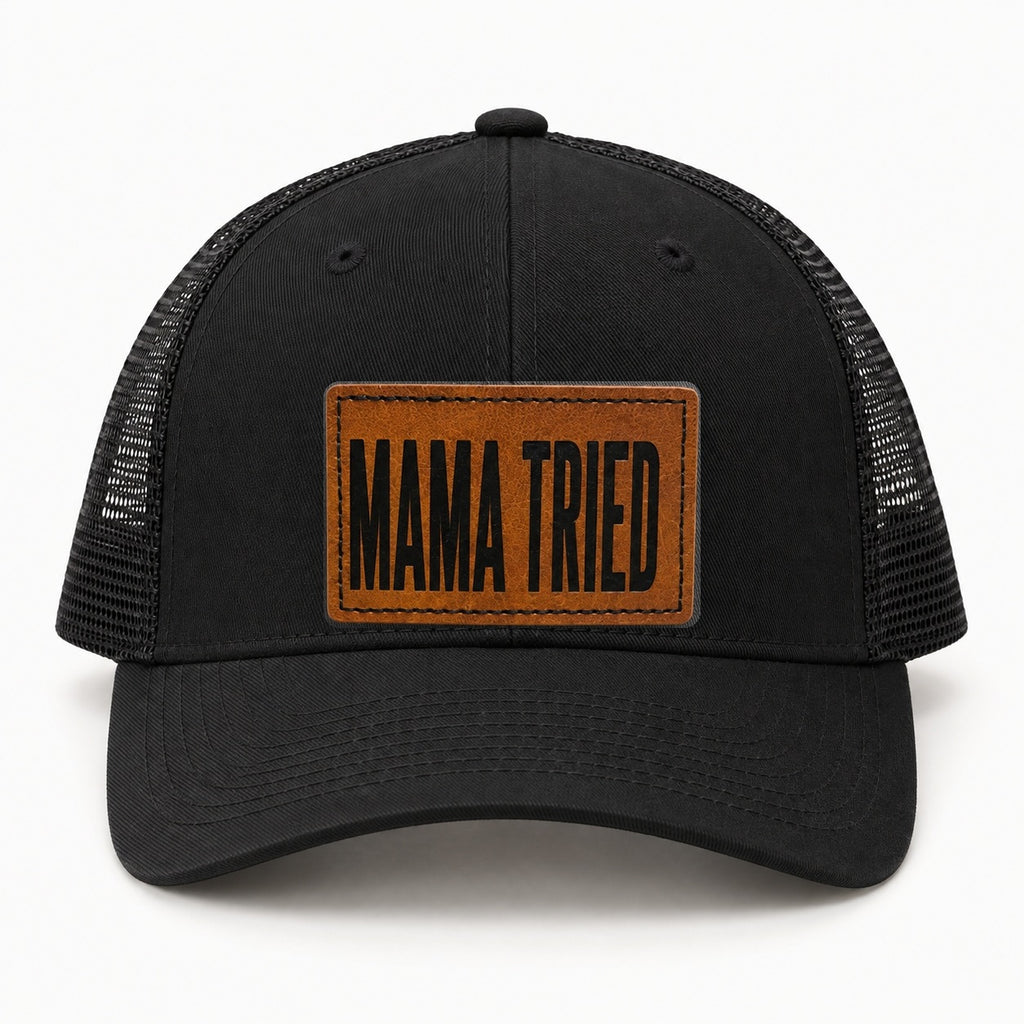 Mama Tried black trucker hat, front
