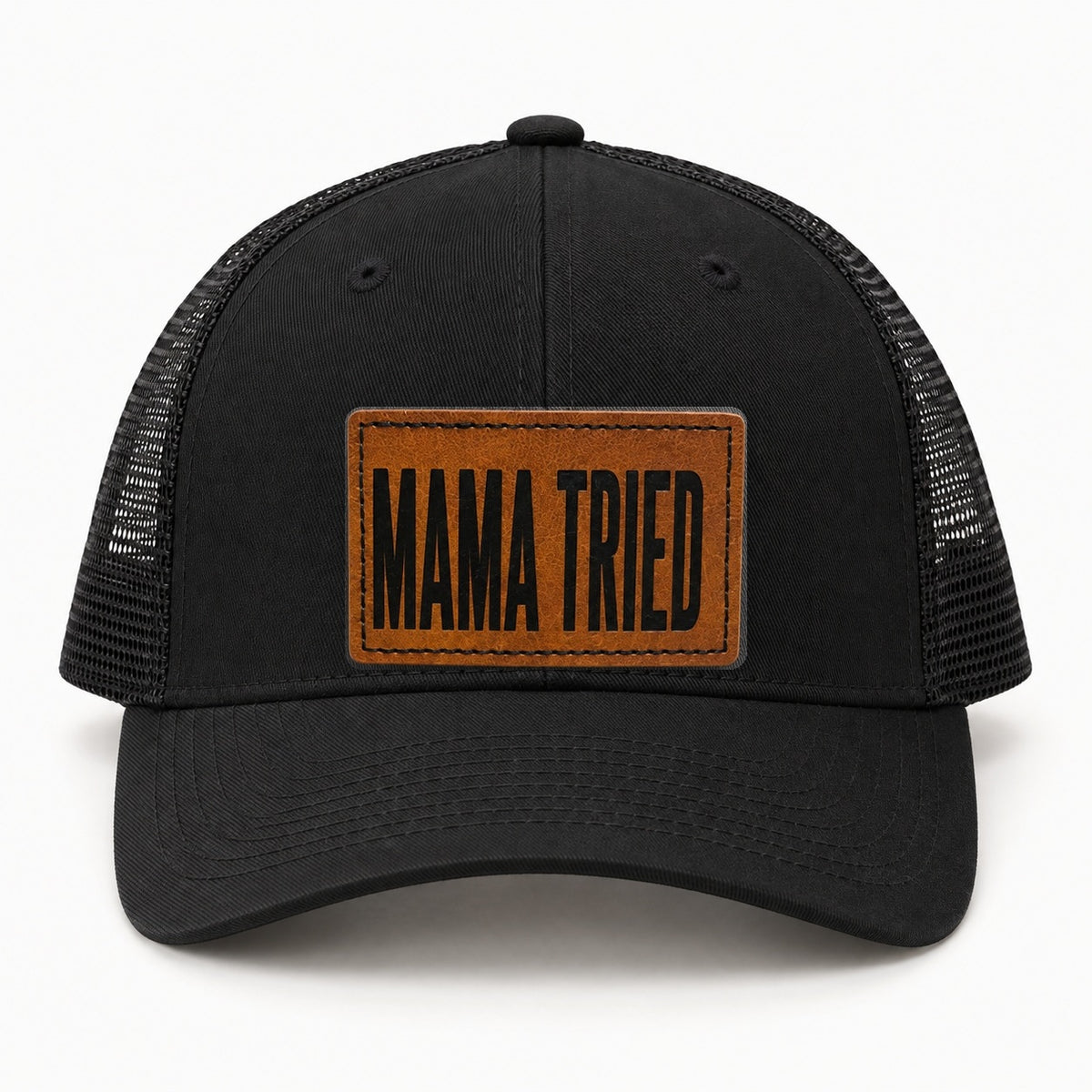 Mama Tried black trucker hat, front