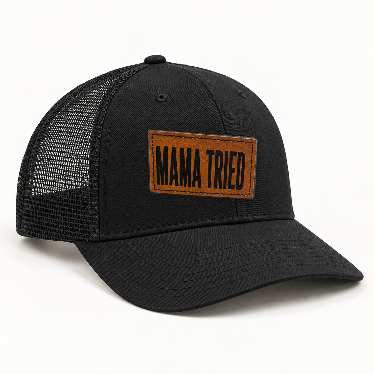Mama Tried black trucker hat, opposite three-quarter angle