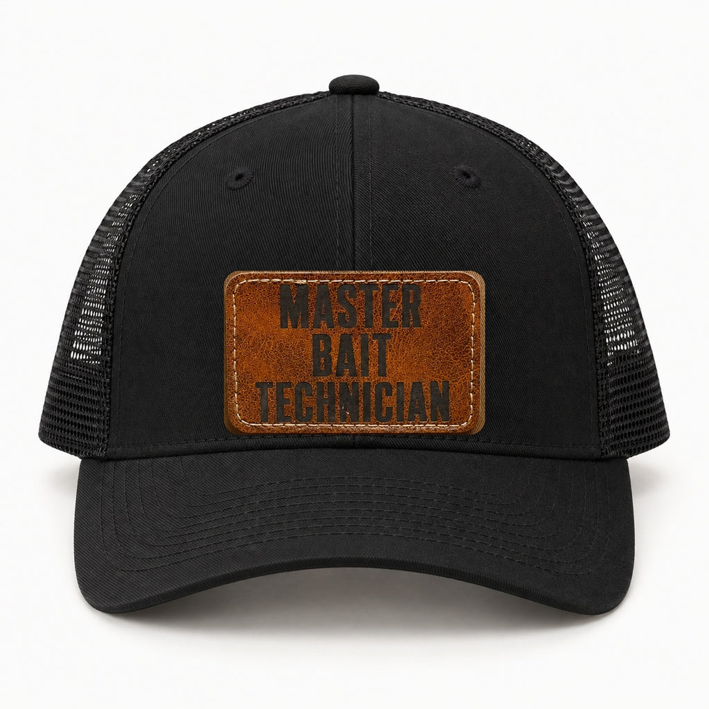 Master Bait Technician black trucker hat, front