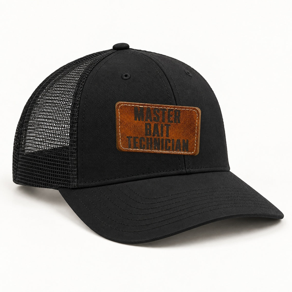 Master Bait Technician black trucker hat, opposite three-quarter angle