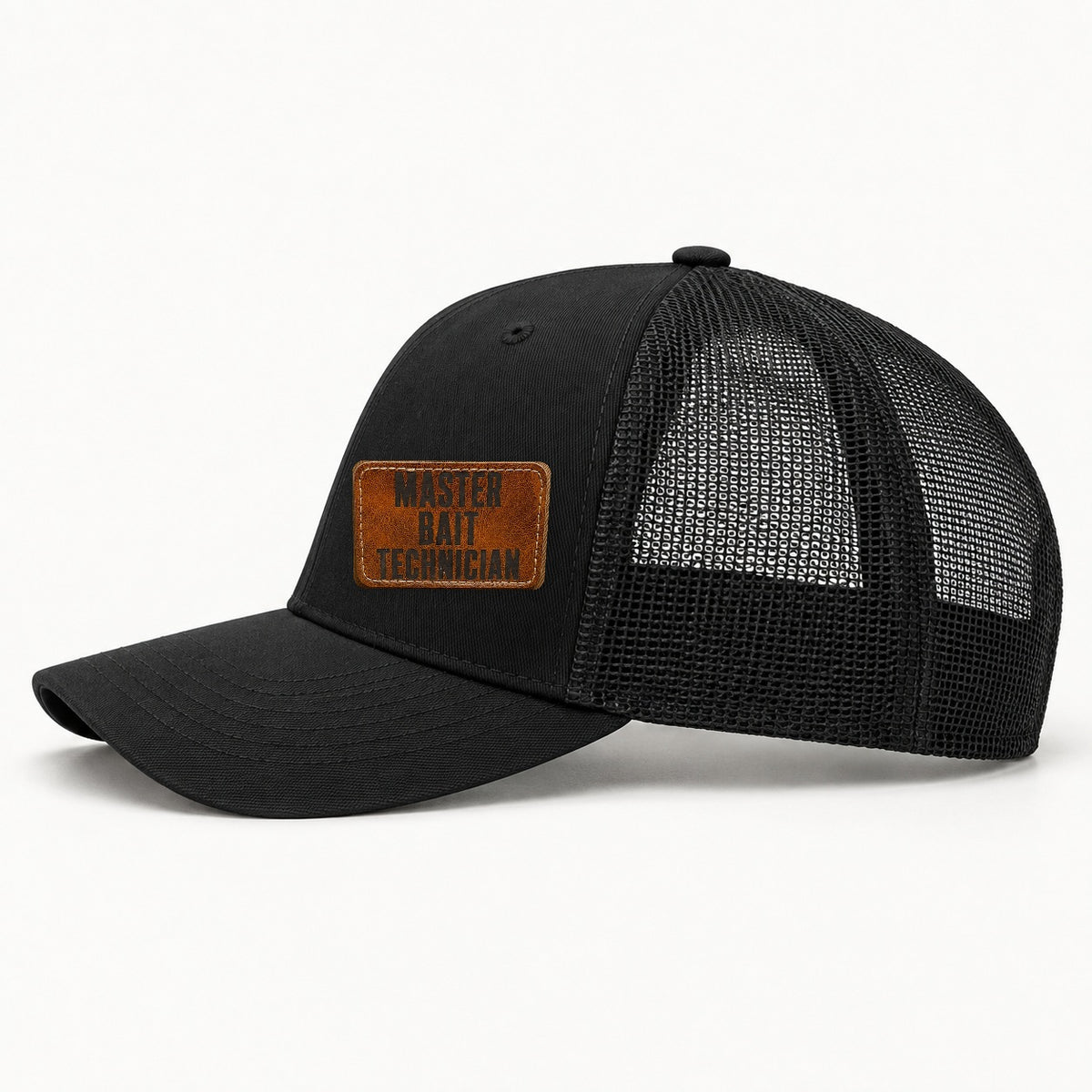 Master Bait Technician black trucker hat, side profile