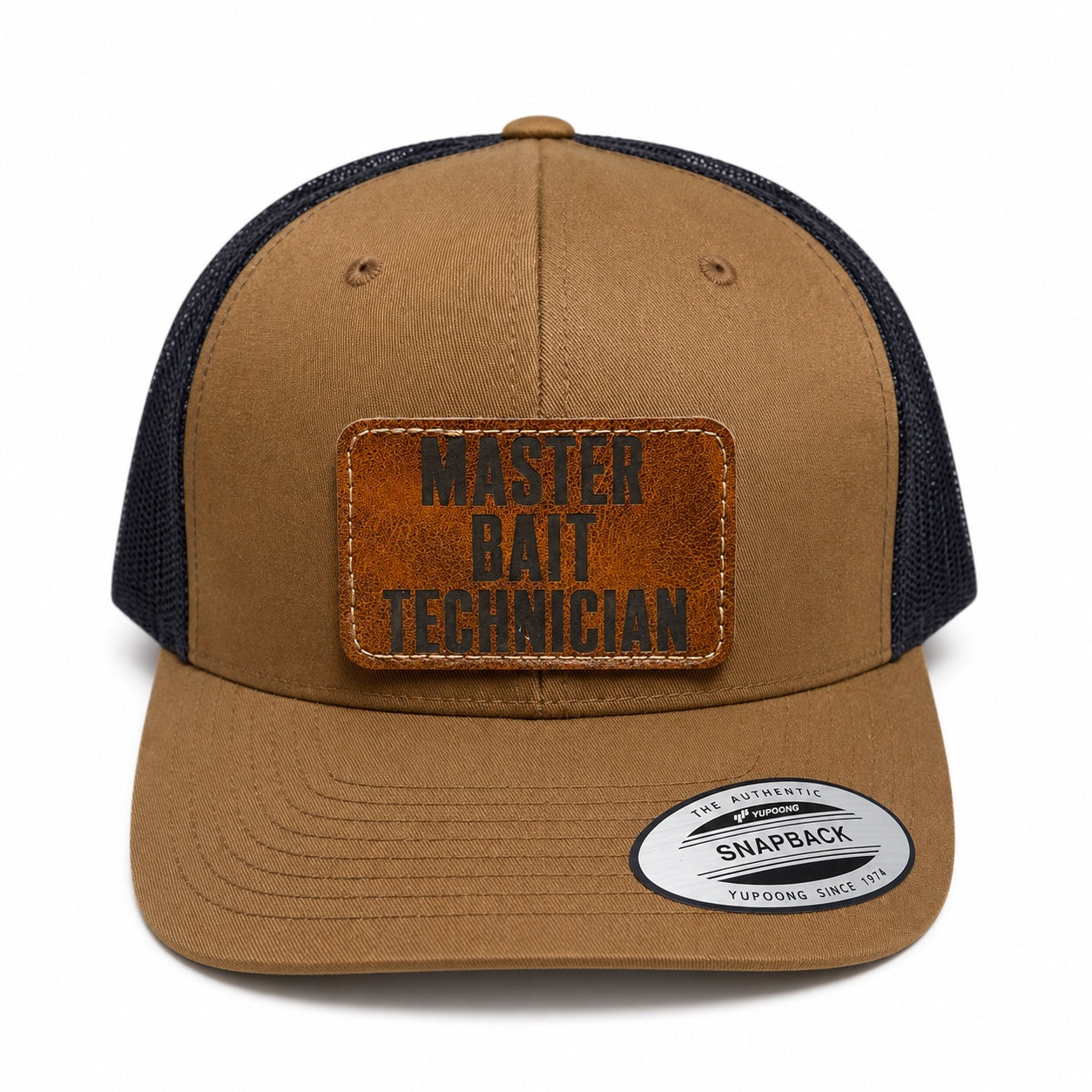 Master Bait Technician brown and navy trucker hat