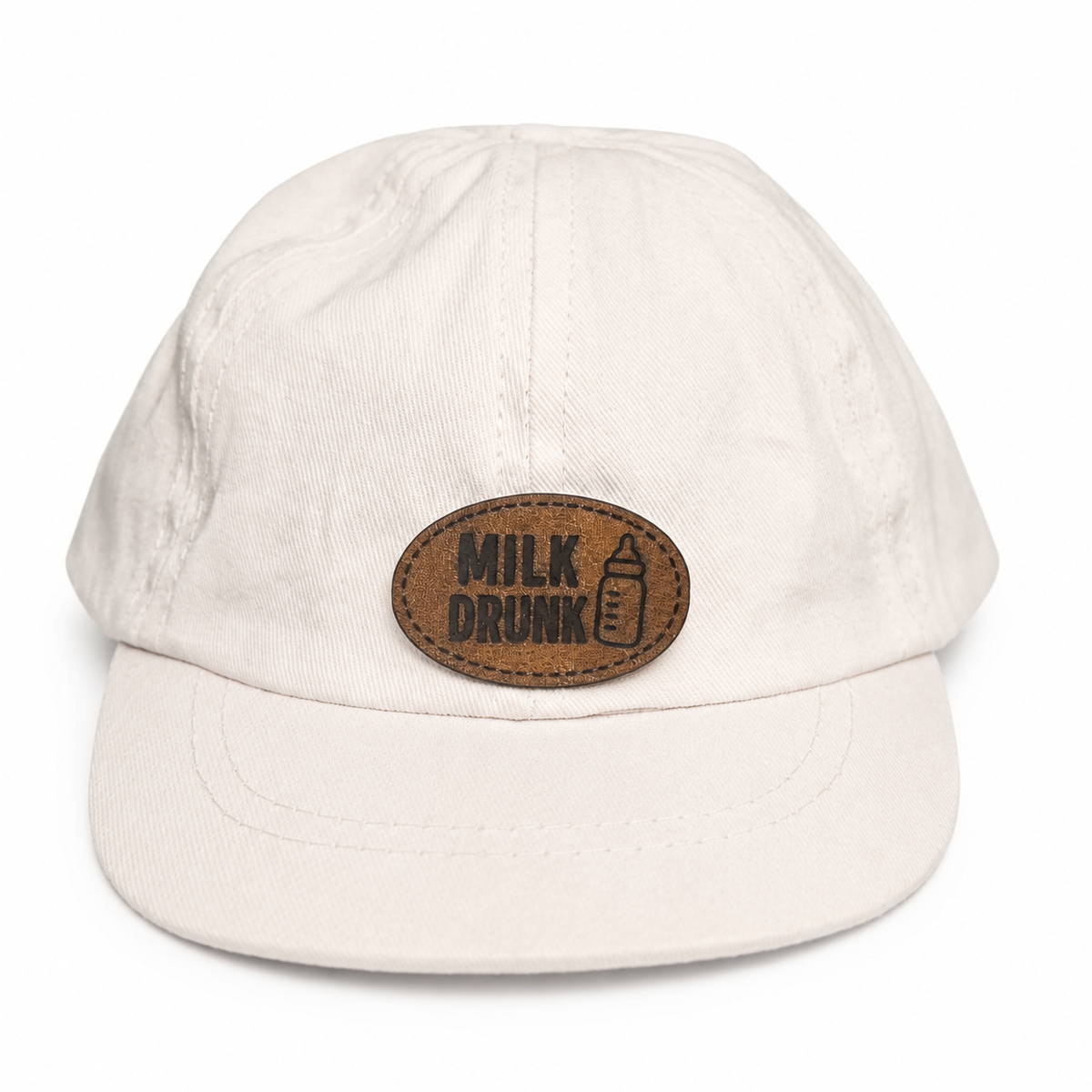 Milk Drunk white baby hat with brown leather patch