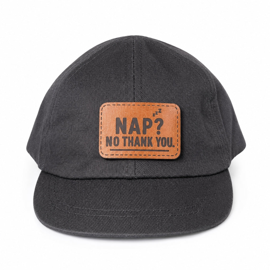 Nap? No Thank You black baby hat