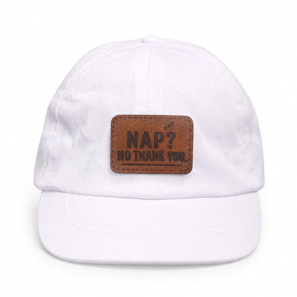 Nap? No Thank You white baby hat