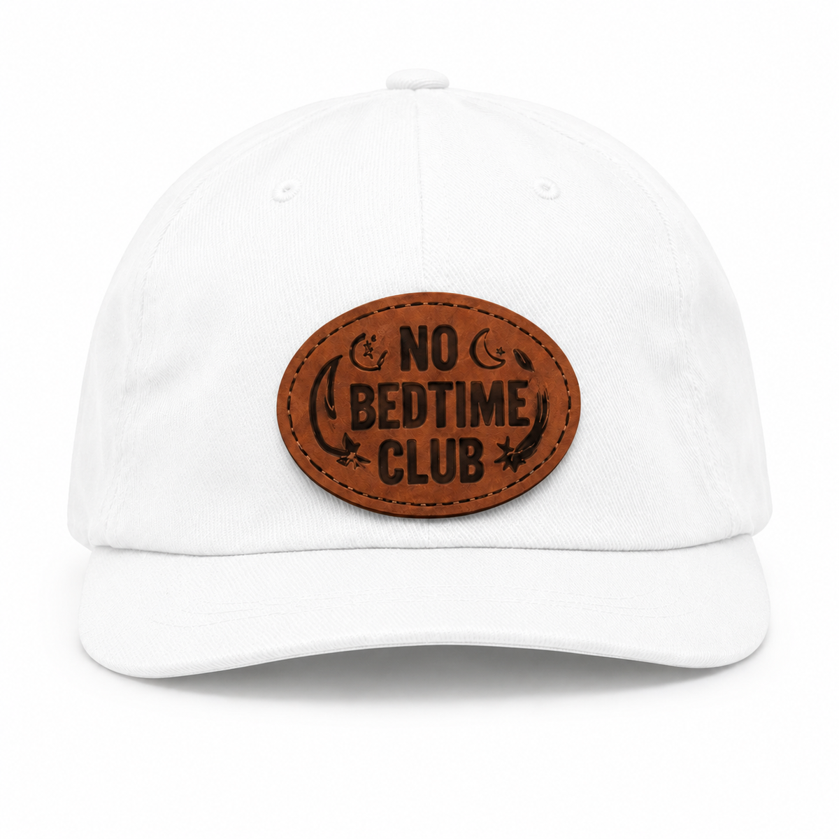 No Bedtime Club white baby hat with brown patch