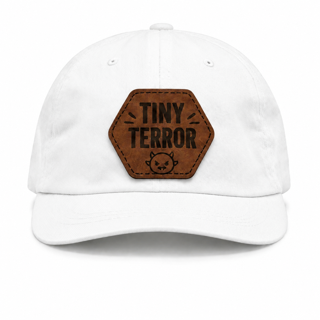 Tiny Terror white baby hat with brown patch