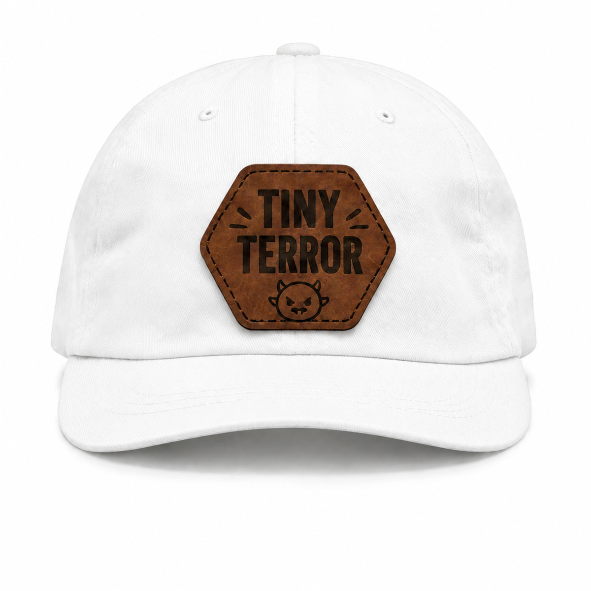 Tiny Terror white baby hat with brown patch