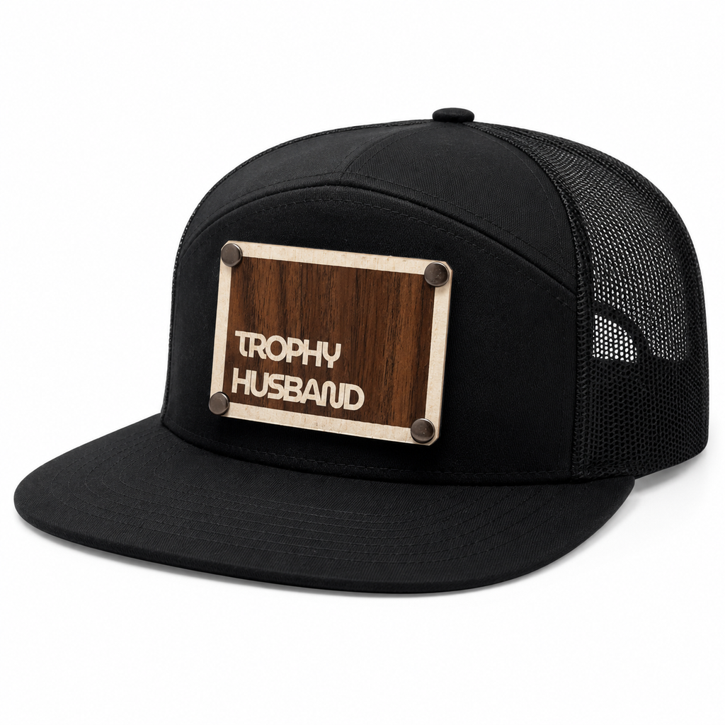 Trophy Husband black trucker hat angled view