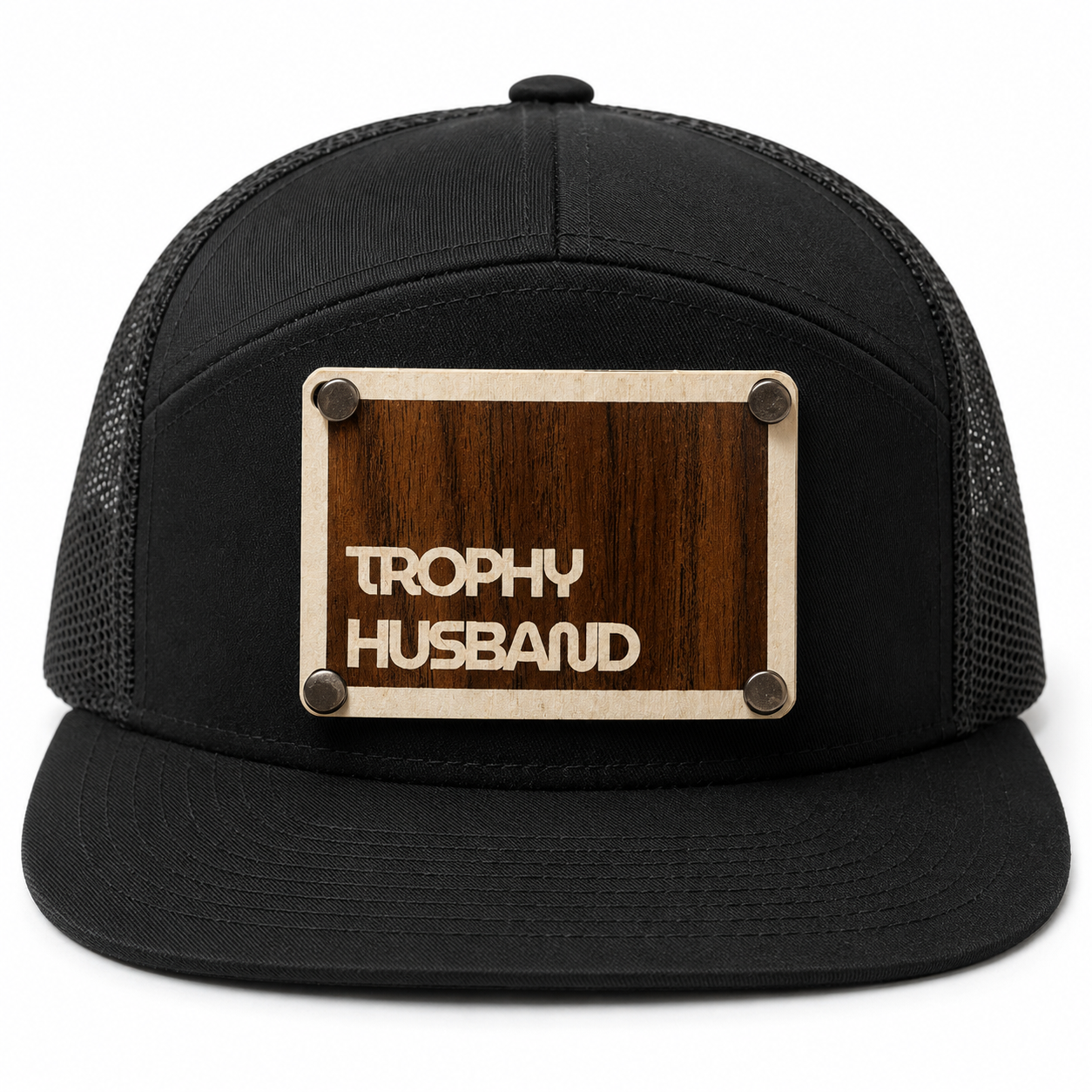 Trophy Husband wood patch detail on black trucker hat