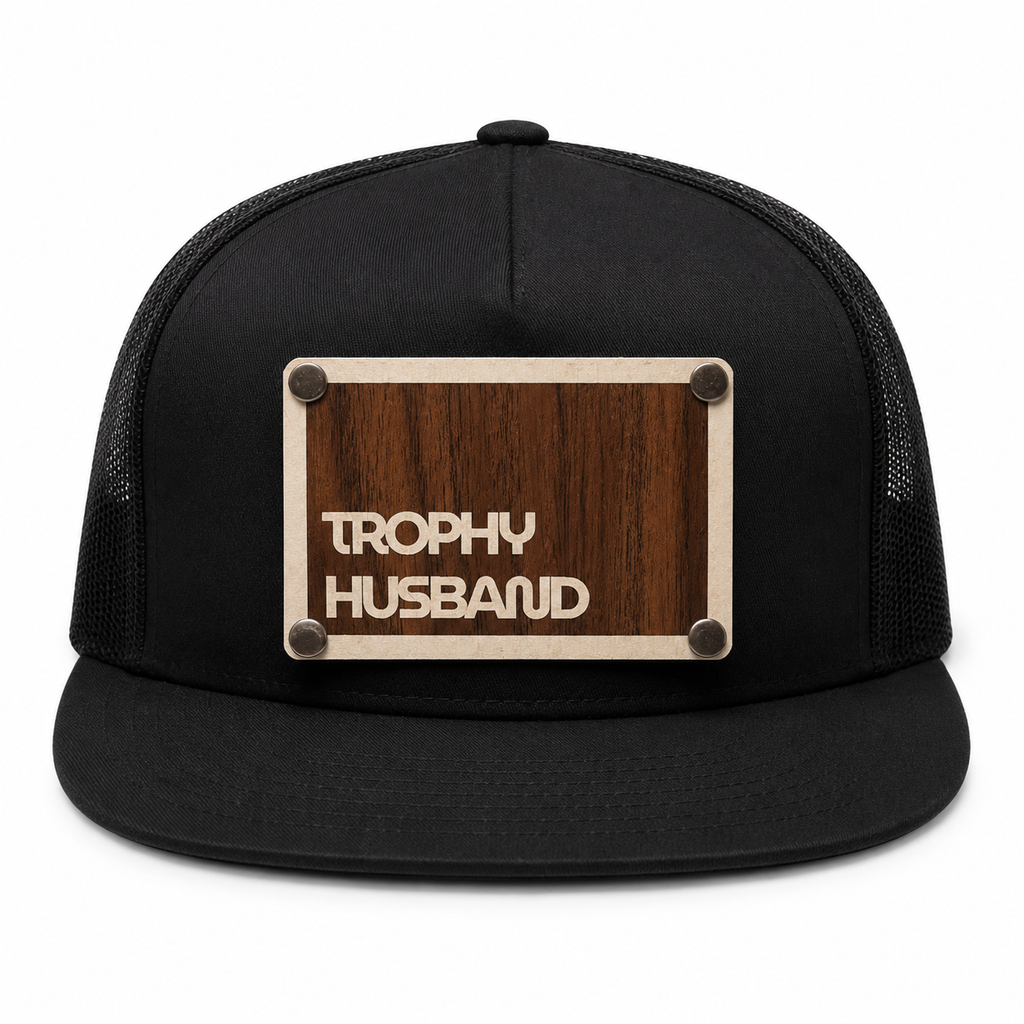 Trophy Husband black trucker hat front view